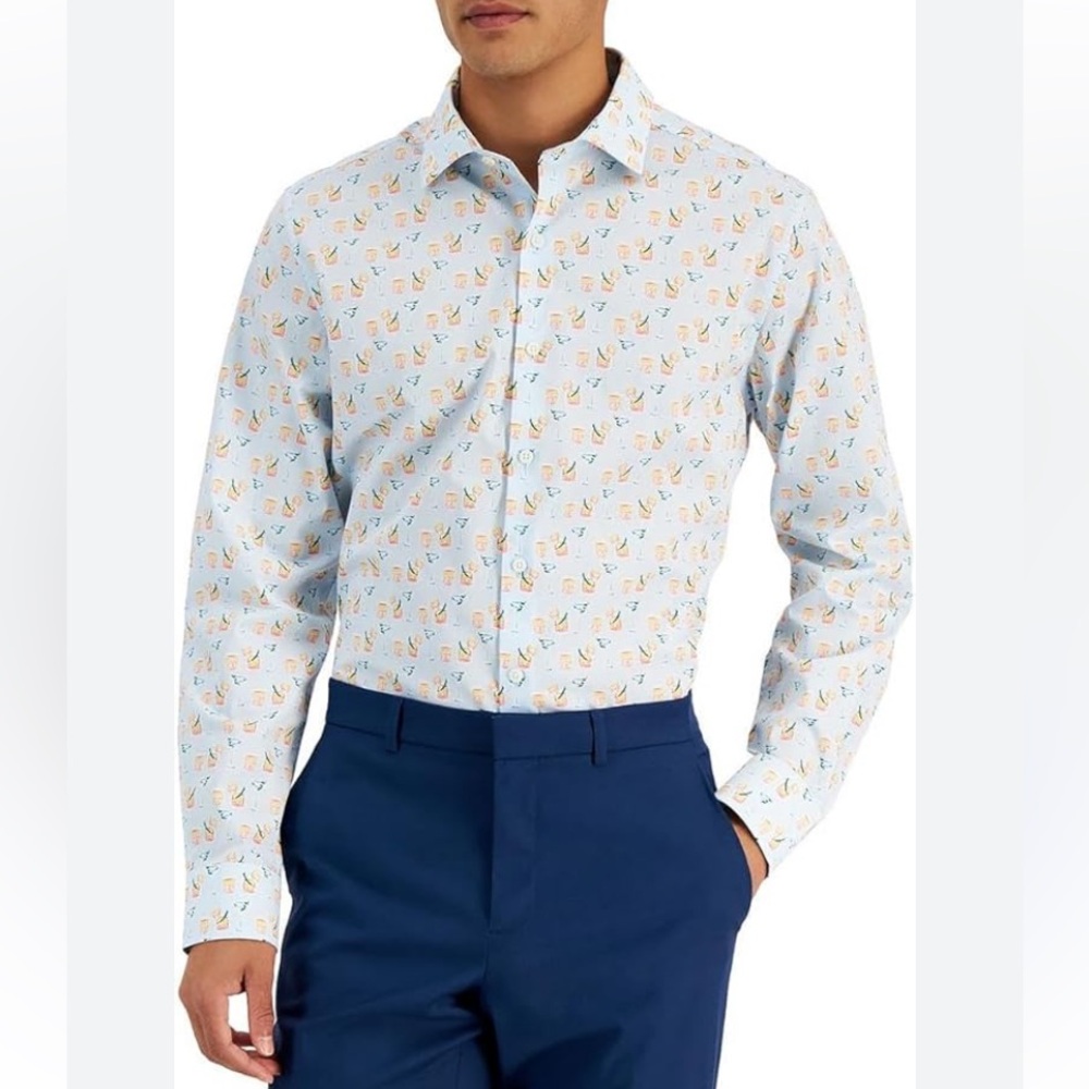 Like New Bar III Light Blue Cocktail Print Shirt 16-16.5